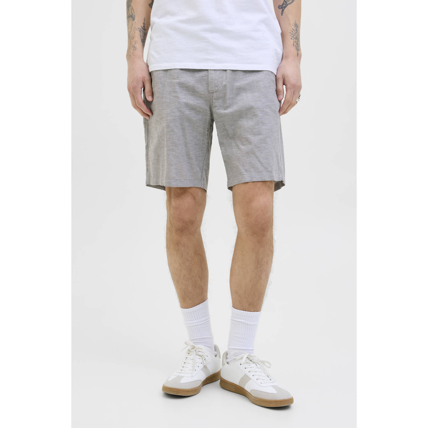 JACK & JONES PANTS STUDIO linnen regular chino short JPSTACE grijsgroen