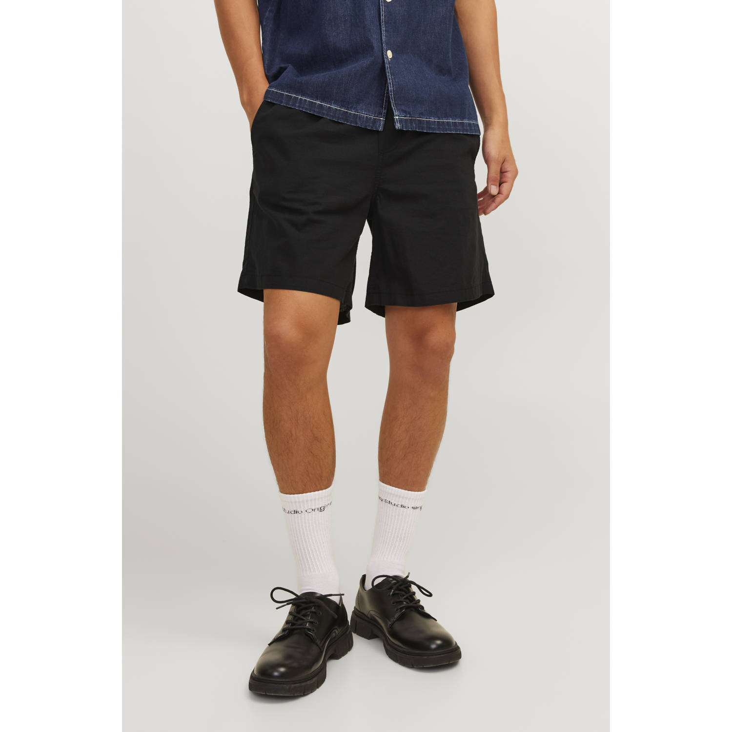 JACK & JONES PANTS STUDIO linnen regular casual short JPSTJAIDEN zwart