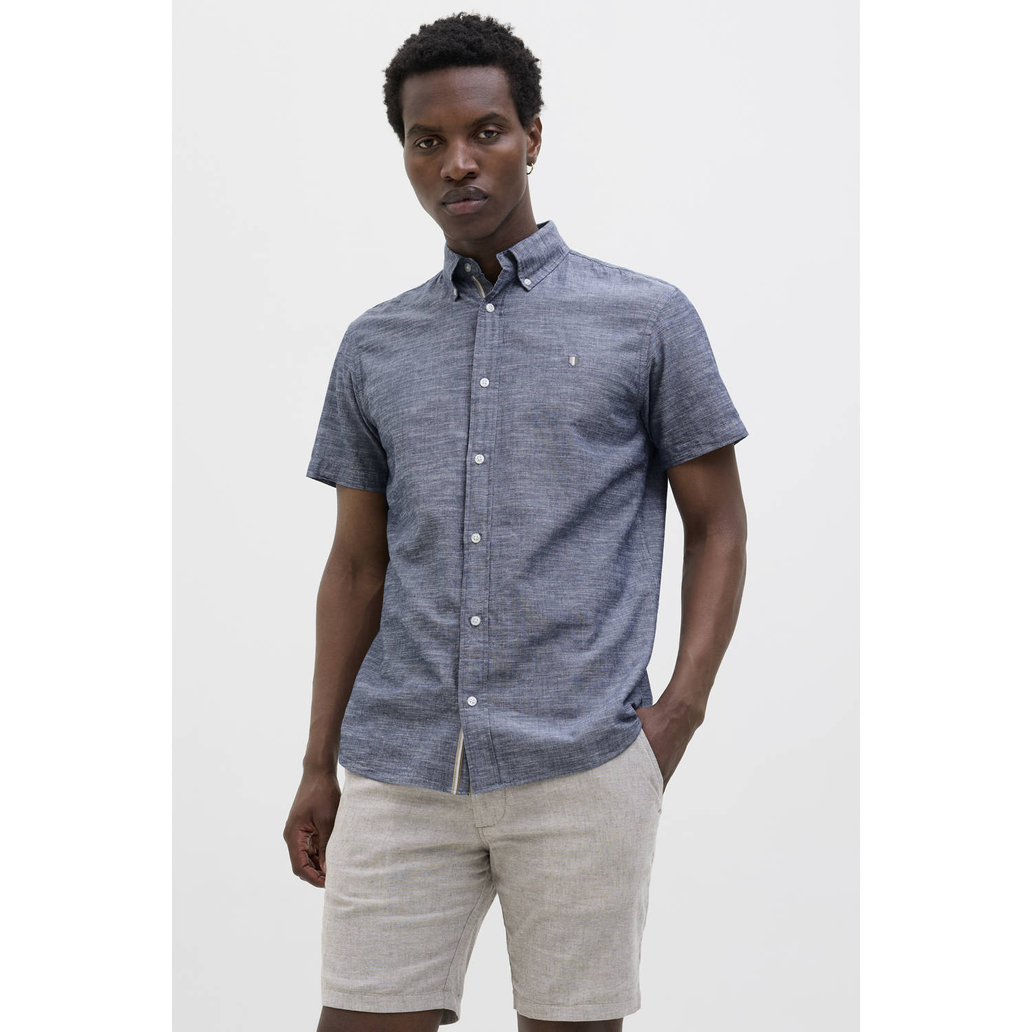 JACK & JONES PREMIUM linnen casual overhemd donkerblauw