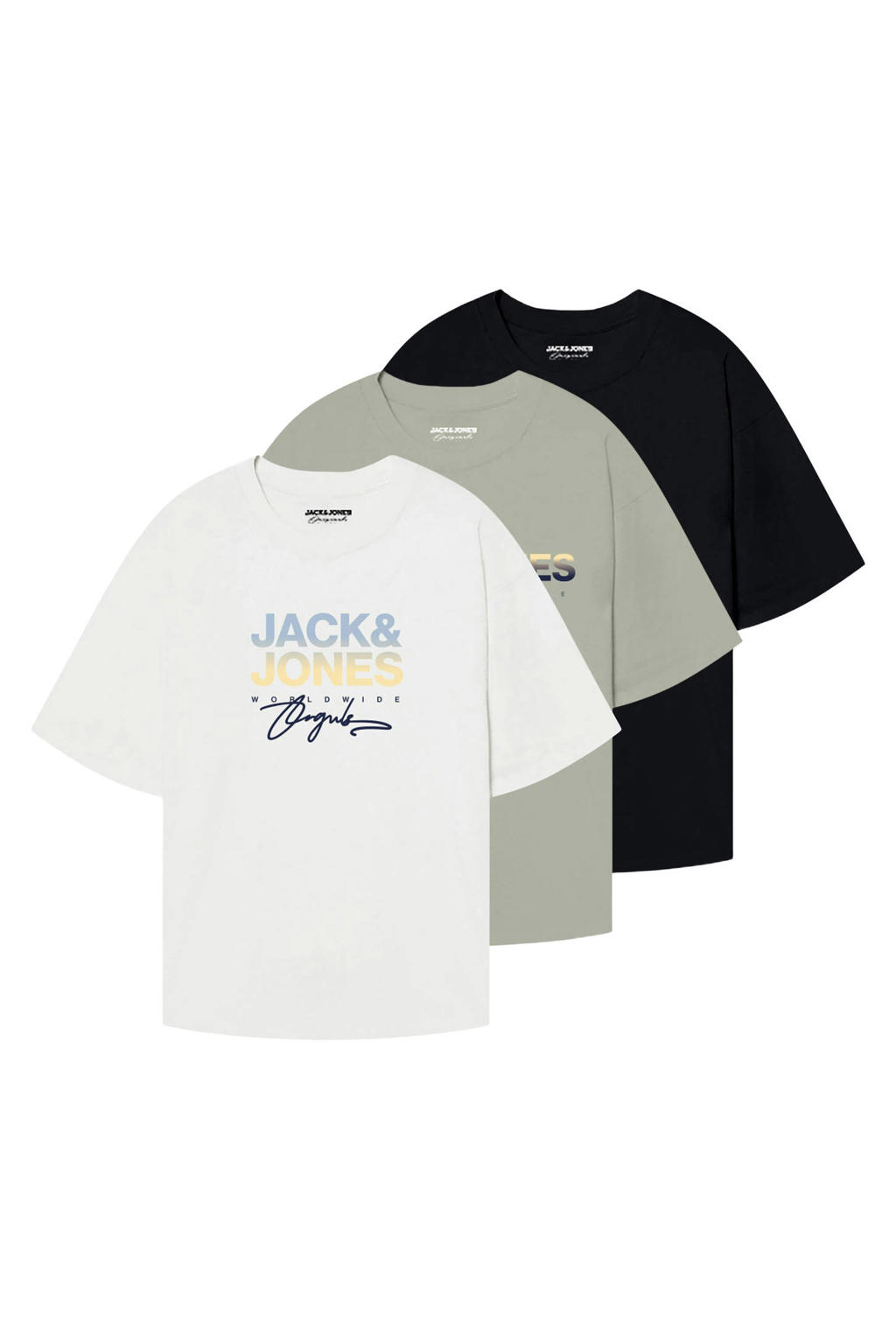 Set van 3 multikleurige heren JACK & JONES ORIGINALS T-shirt van katoen met printopdruk, korte mouwen en ronde hals