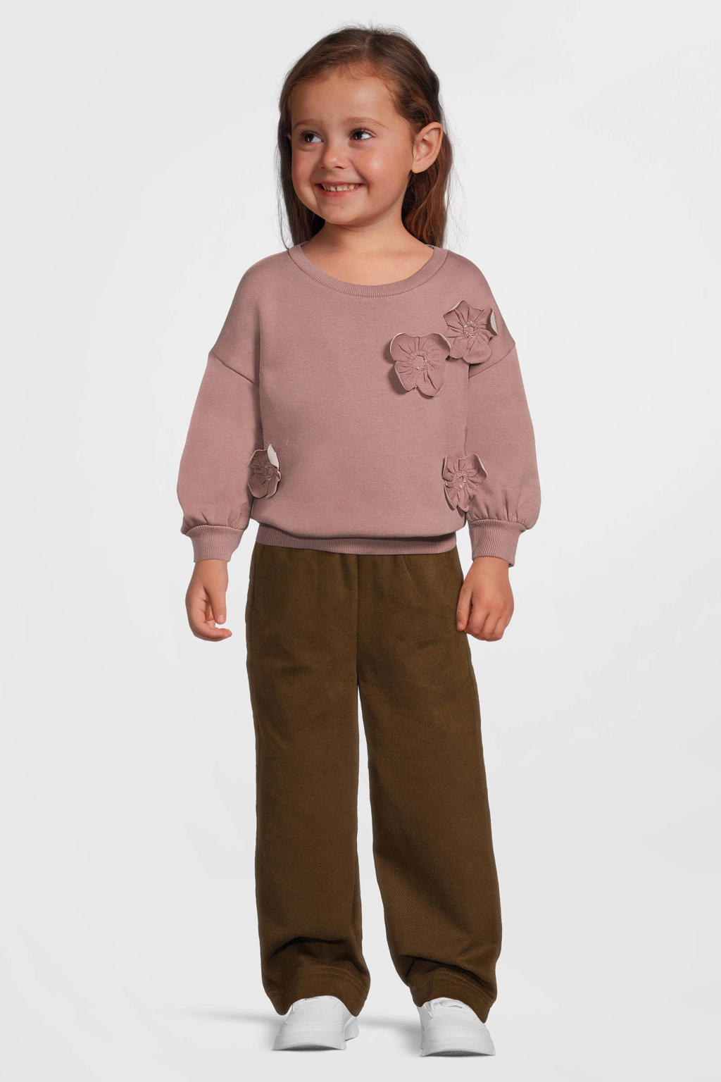 Oudroze meisjes LEVV Little sweater van katoen met effen, lange mouwen, ronde hals en 3D applicatie