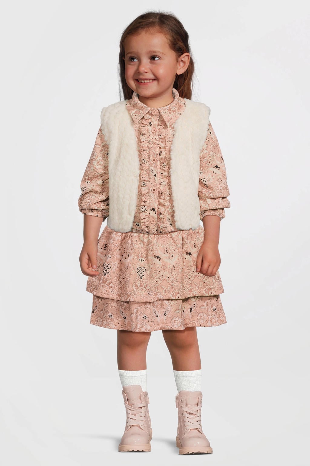 Ecru meisjes LEVV Little gilet met effen, V-hals, haaksluiting en geweven detail
