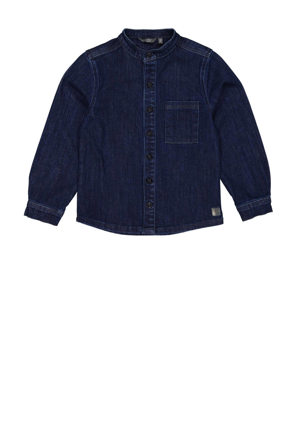 Donkerblauwe jongens LEVV Little overhemd van denim met effen, lange mouwen, mao kraag, knoopsluiting en geweven detail