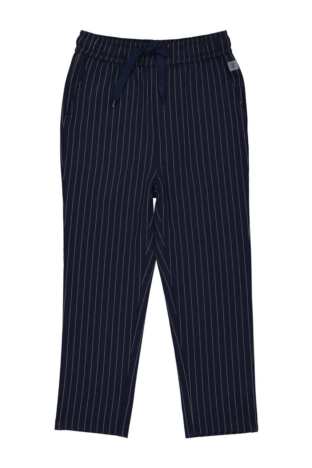Donkerblauw en witte jongens LEVV Little regular casual broek van polyester met elastische tailleband met koord en krijtstreepprint