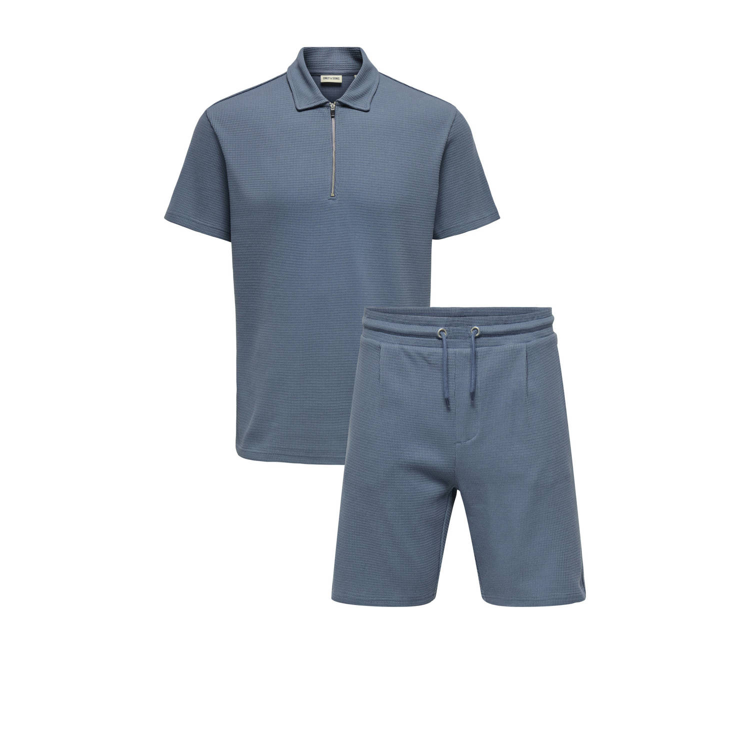ONLY & SONS regular polo en short met textuur blauw