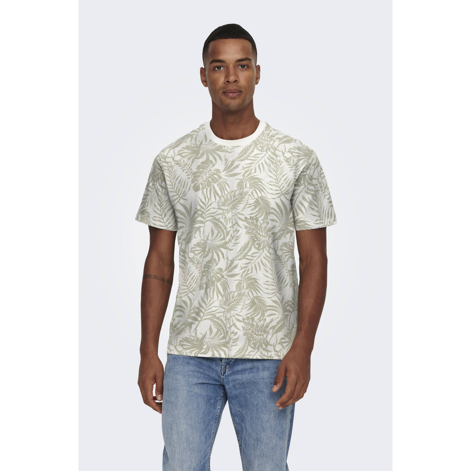 ONLY & SONS Shirt met ronde hals ONSPERRY LIFE REG LEAF AOP SS TEE