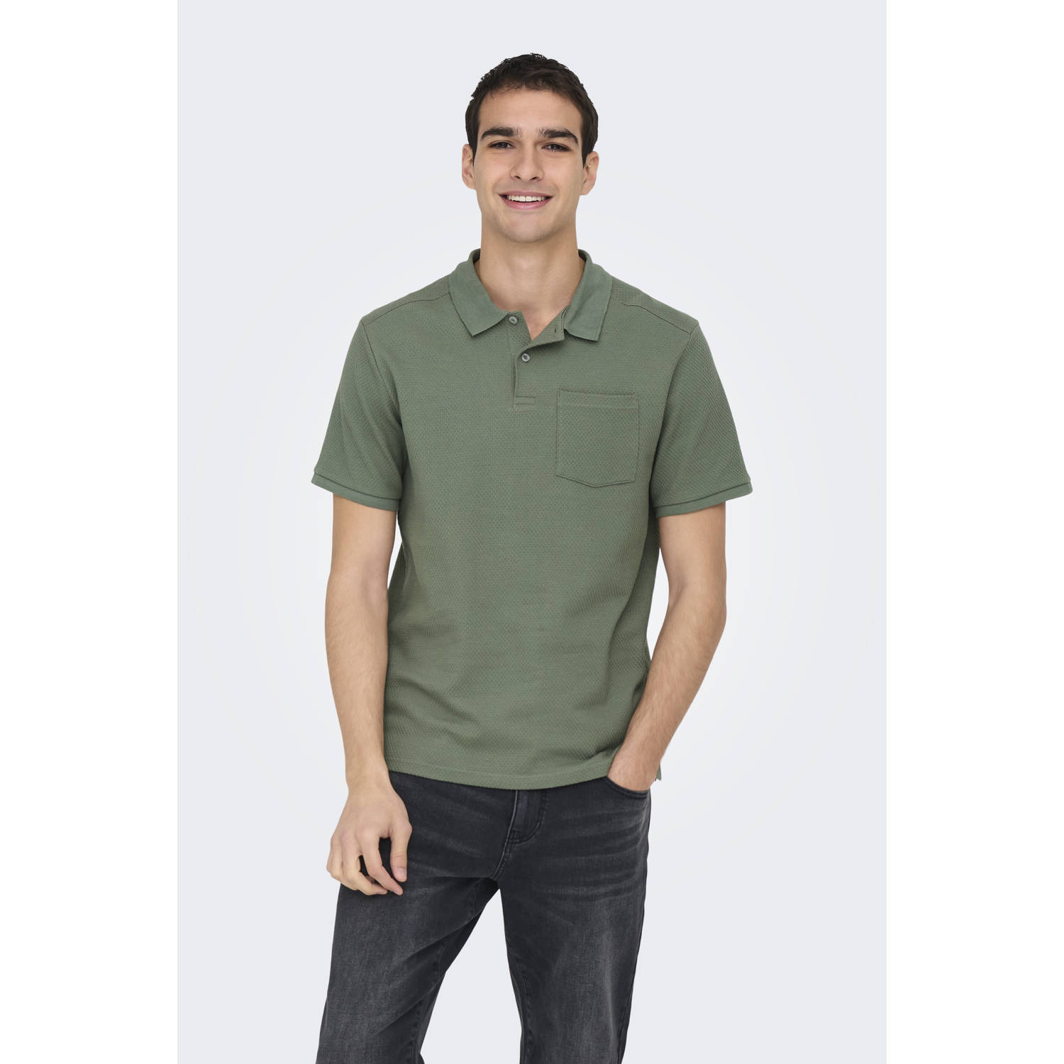 ONLY & SONS regular polo met ingebreid patroon olijfgroen