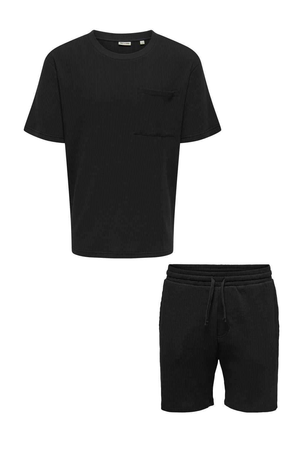 Zwarte heren ONLY & SONS relaxed t-shirt en short met korte mouwen, ronde hals, elastische tailleband met koord en textuur
