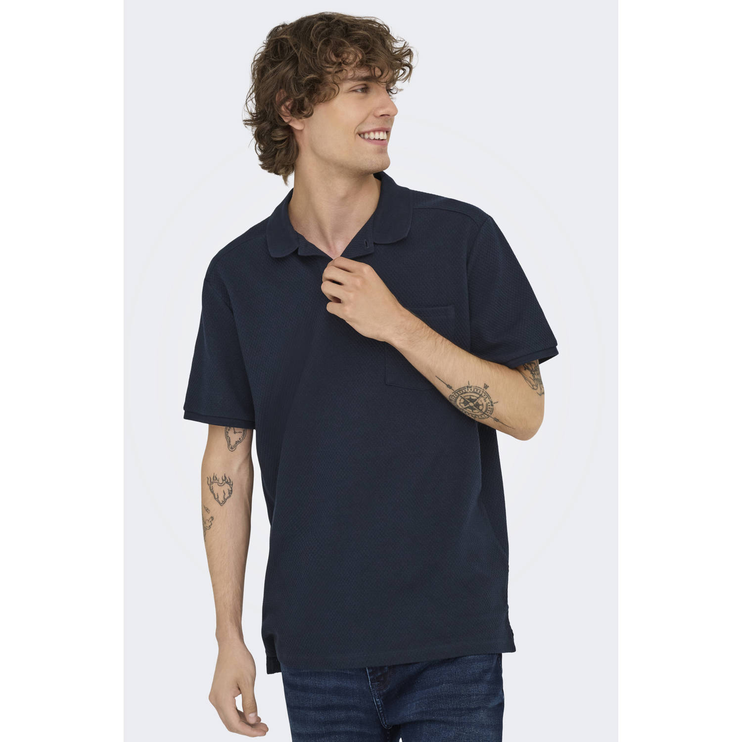 ONLY & SONS regular polo met ingebreid patroon donkerblauw