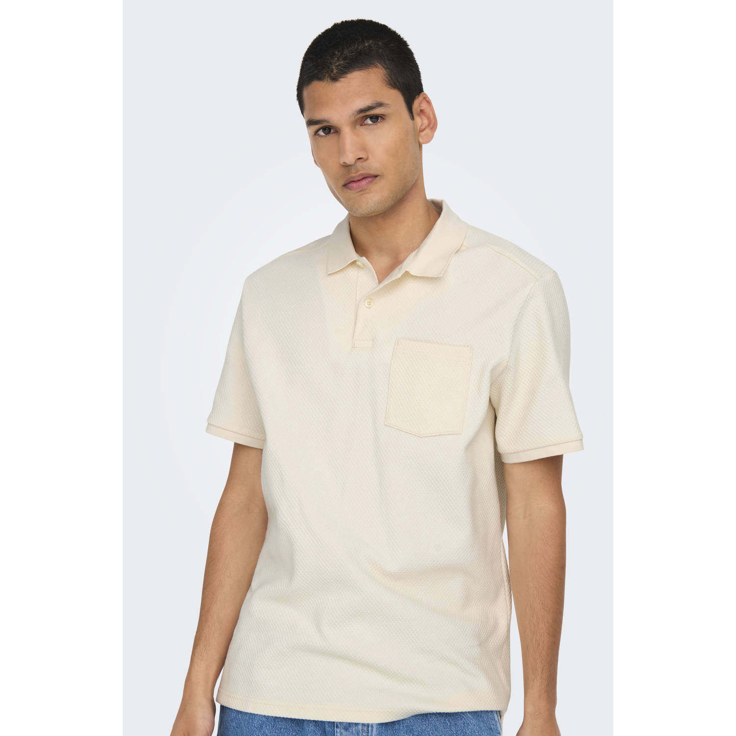 ONLY & SONS regular polo met ingebreid patroon ecru
