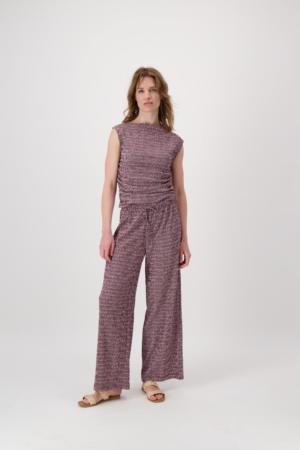 Donkerrood en witte dames Zusss straight regular waist broek van polyester met elastische tailleband met koord en effen