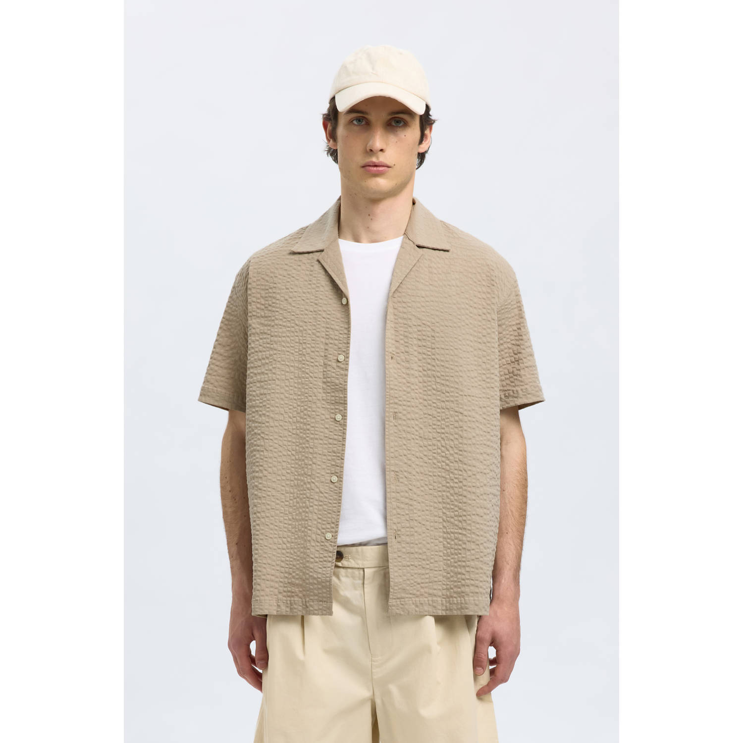 SELECTED HOMME Heren Overhemden Slhrelaxed-ace Seersucker Ss Shirt Beige