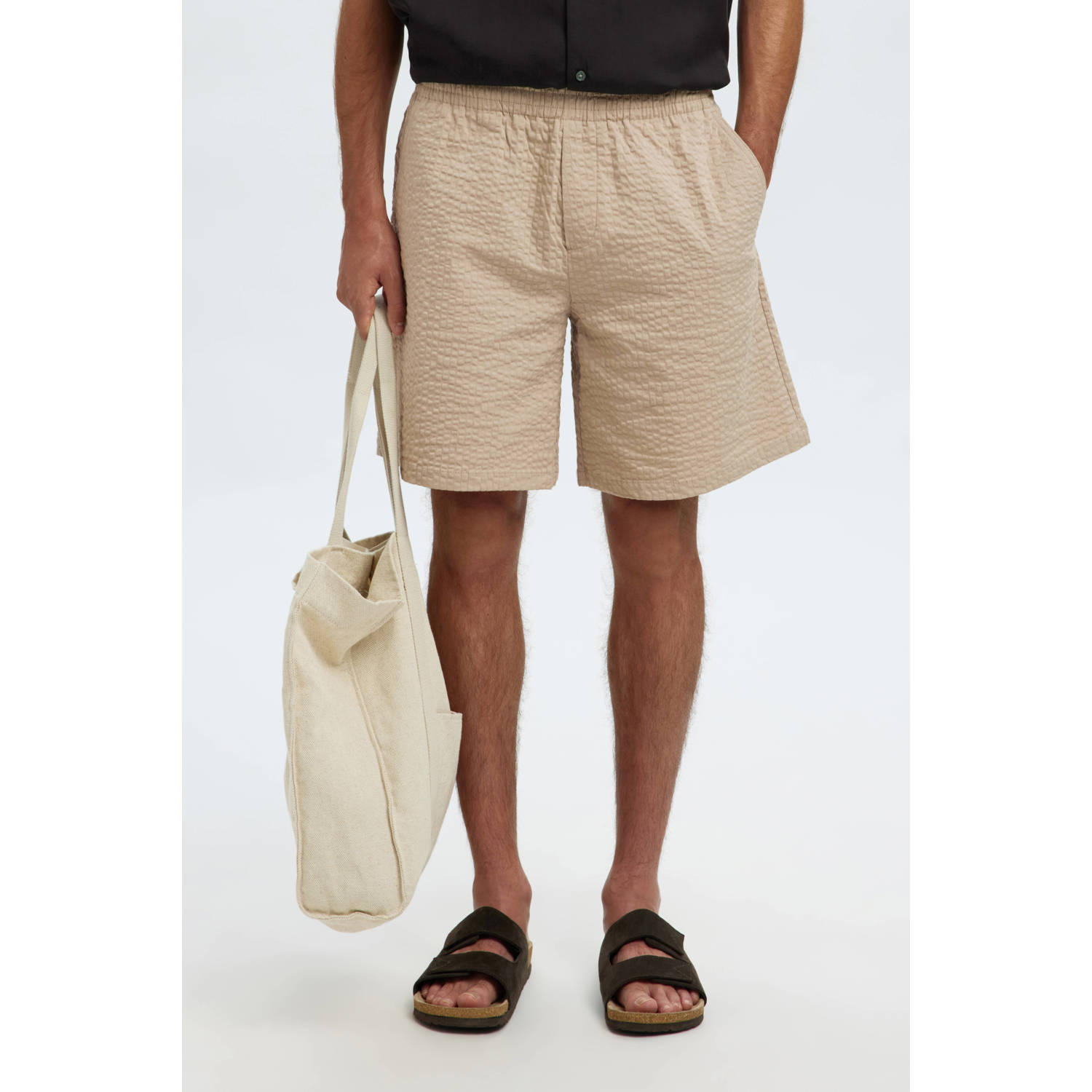 SELECTED HOMME Heren Broeken Slhloose-ace Seersucker String Shorts Beige