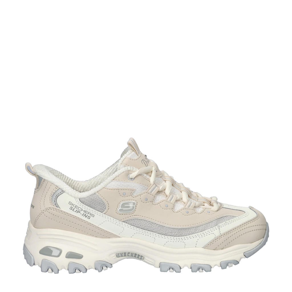 Beige dames Skechers Hands Free Slip-Ins D'Lites chunky sneakers van imitatieleer en textiel met elastische veters