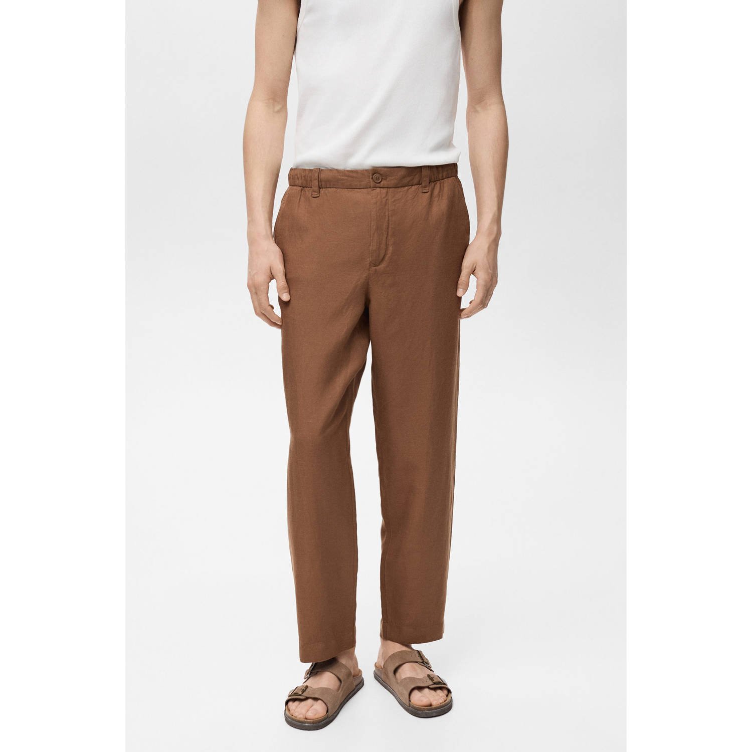 Mango Man linnen straight casual broek bruin