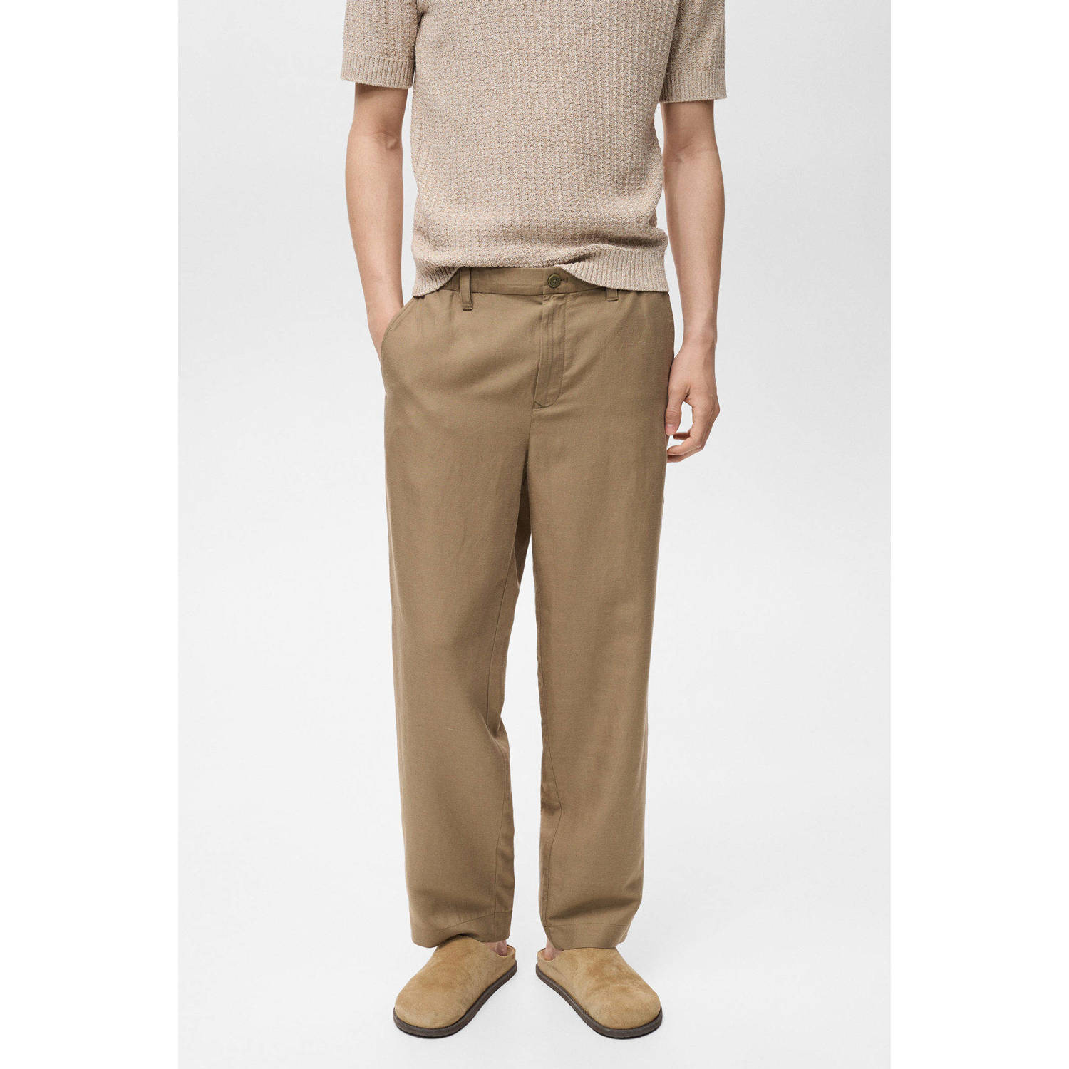 Mango Man linnen straight casual broek lichtbruin