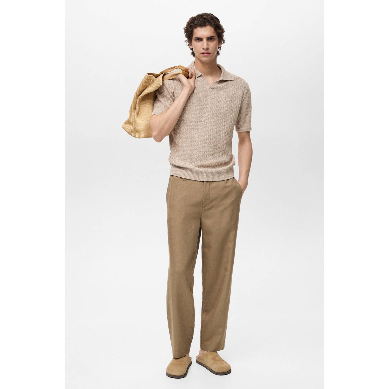 Mango Man linnen straight casual broek lichtbruin