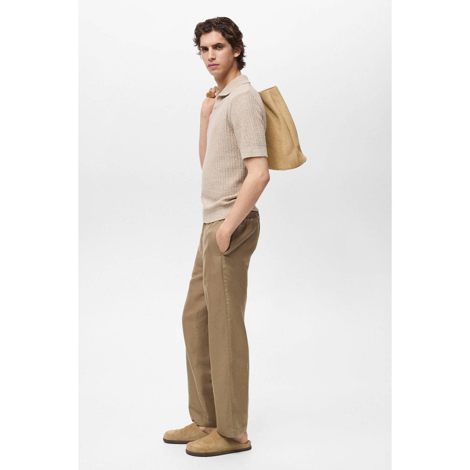 Mango Man linnen straight casual broek lichtbruin