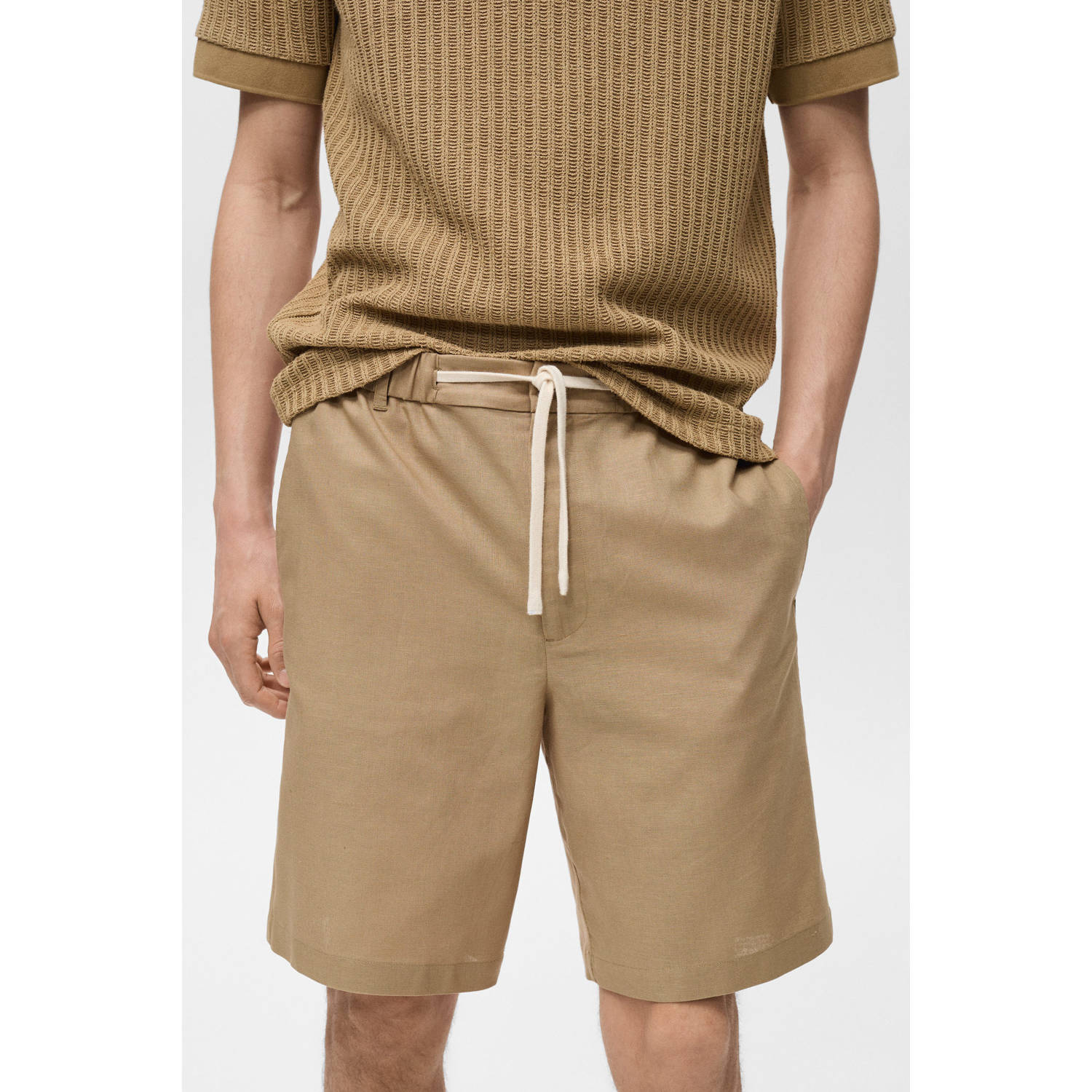 Mango Man linnen straight bermuda short beige