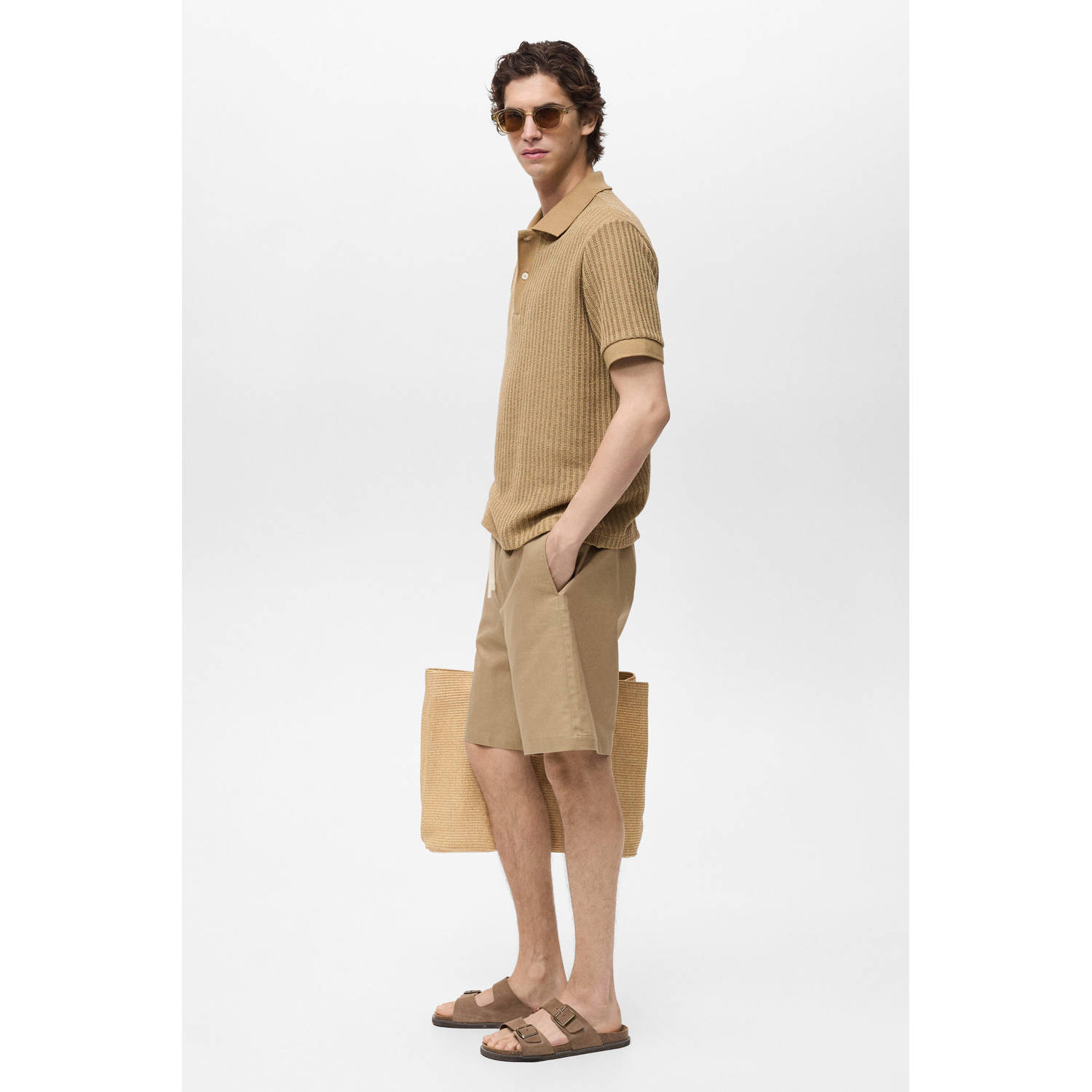 Mango Man linnen straight bermuda short beige