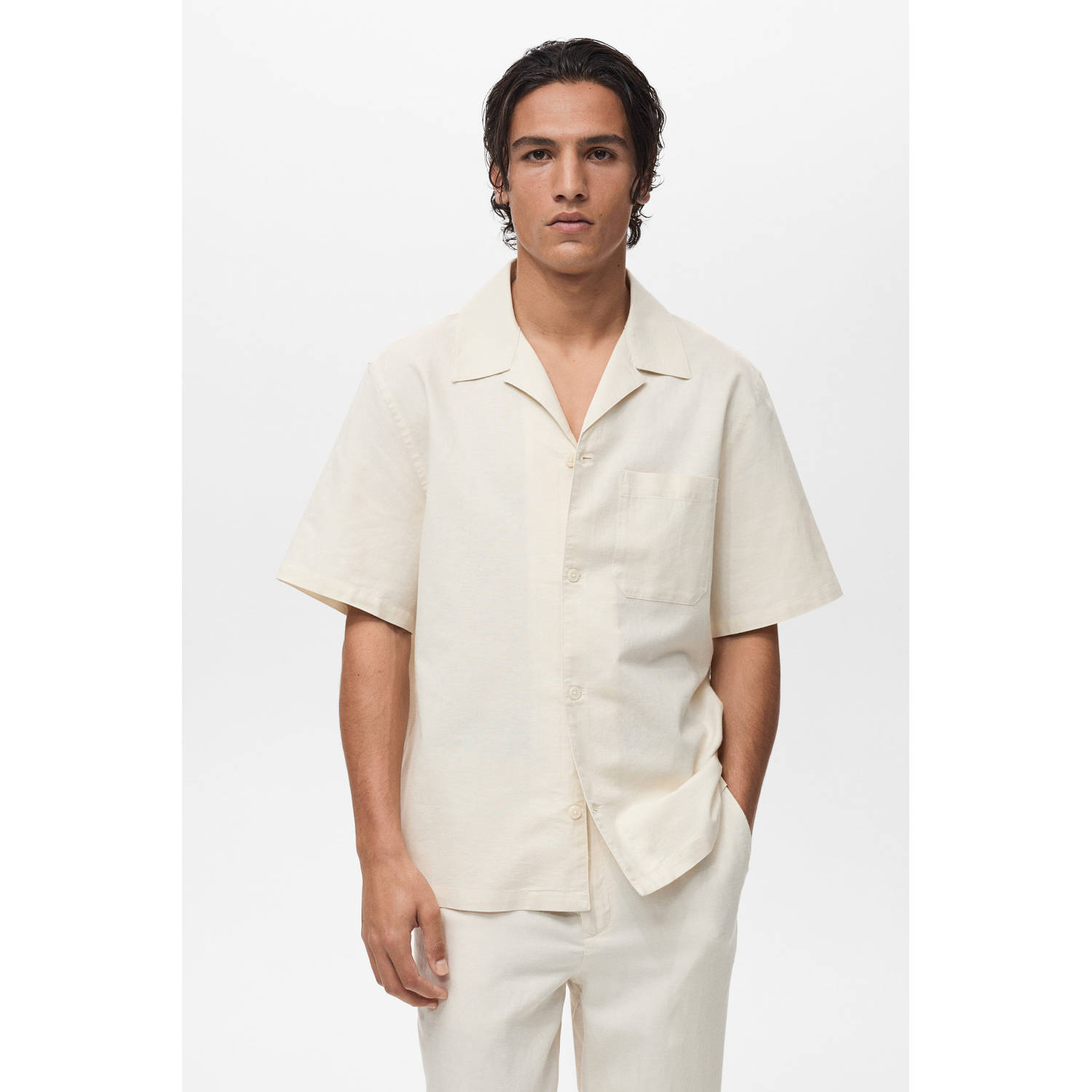 Mango Man linnen casual overhemd ecru