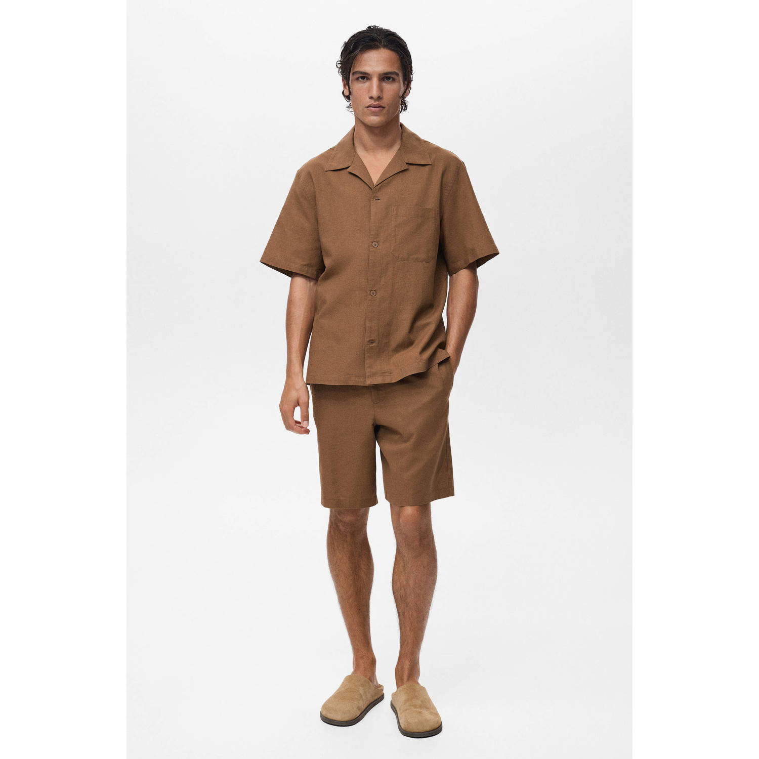 Mango Man linnen casual overhemd bruin