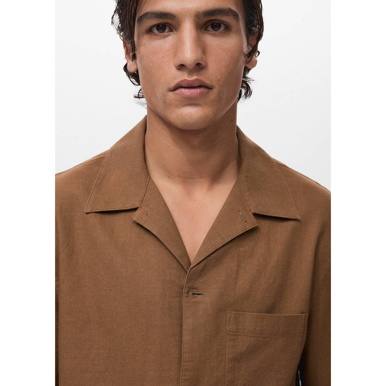 Mango Man linnen casual overhemd bruin