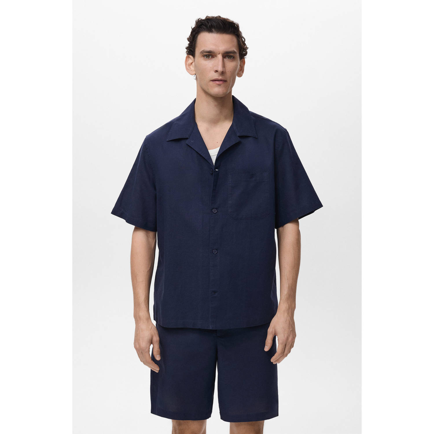 Mango Man linnen casual overhemd donkerblauw