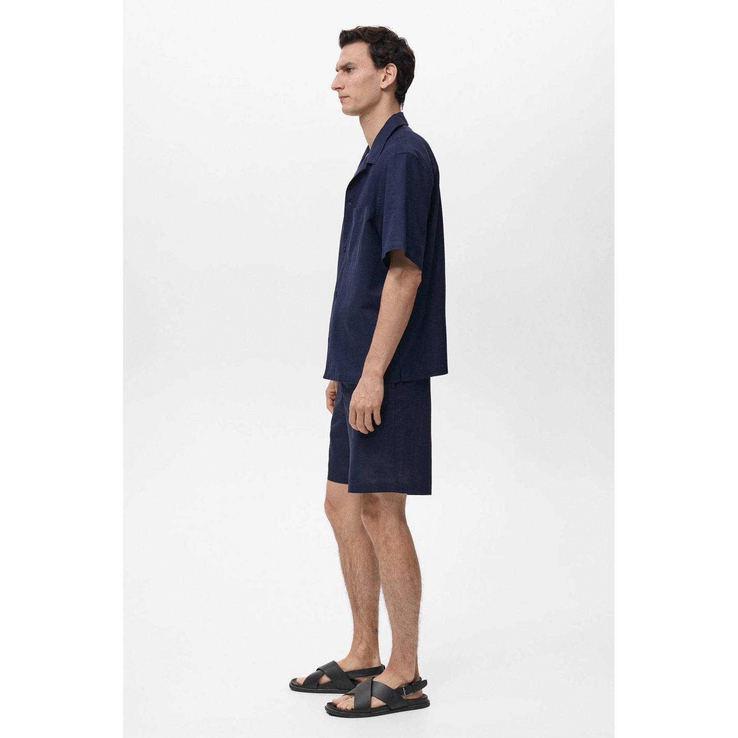 Mango Man linnen casual overhemd donkerblauw