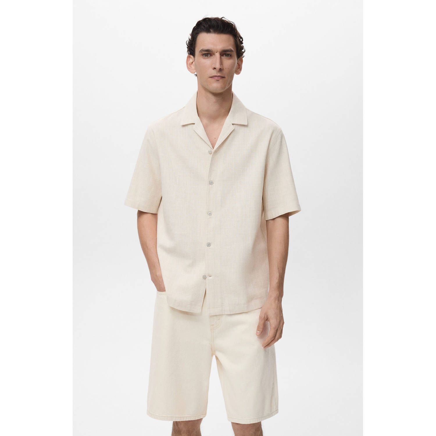 Mango Man linnen casual overhemd ecru