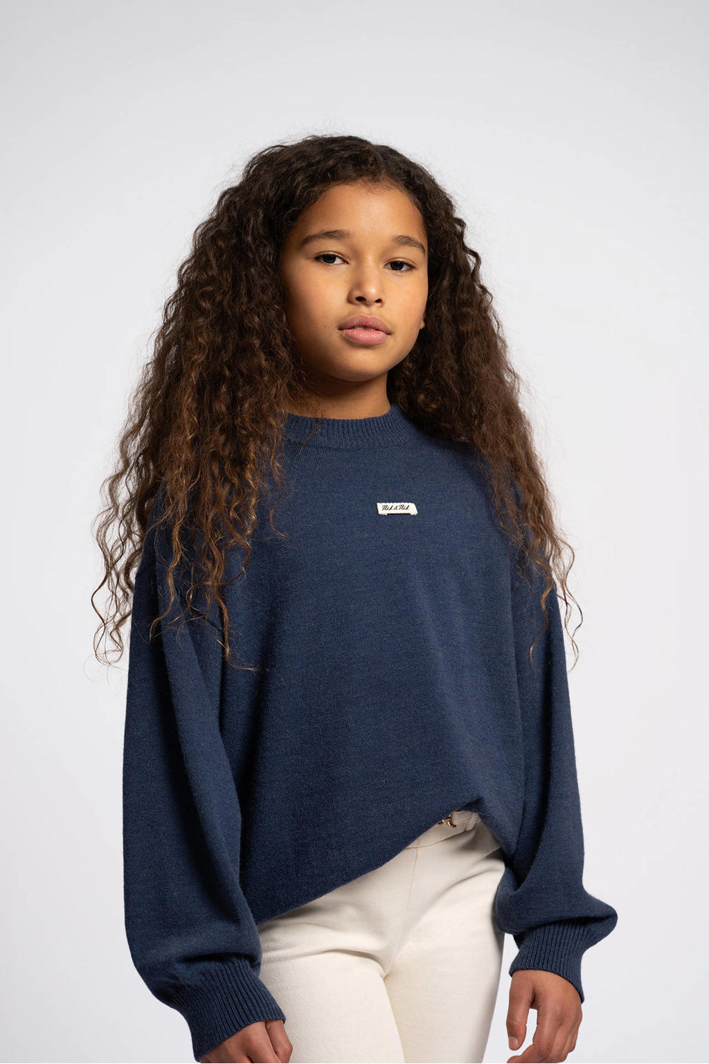 Donkerblauwe meisjes NIK&NIK sweater met tekst print, lange mouwen en ronde hals