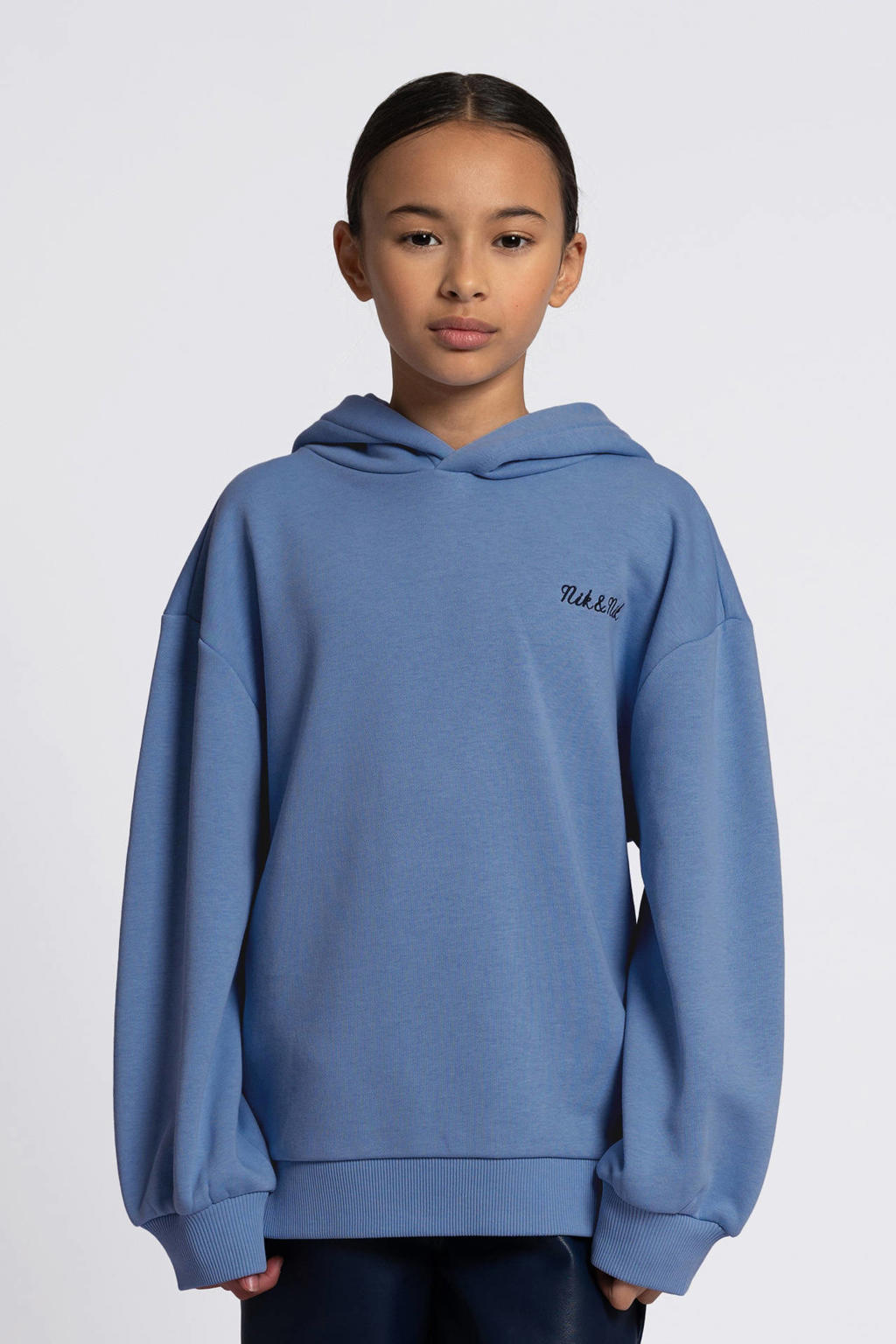 Blauwe meisjes NIK&NIK hoodie van sweat materiaal met backprint, lange mouwen en capuchon