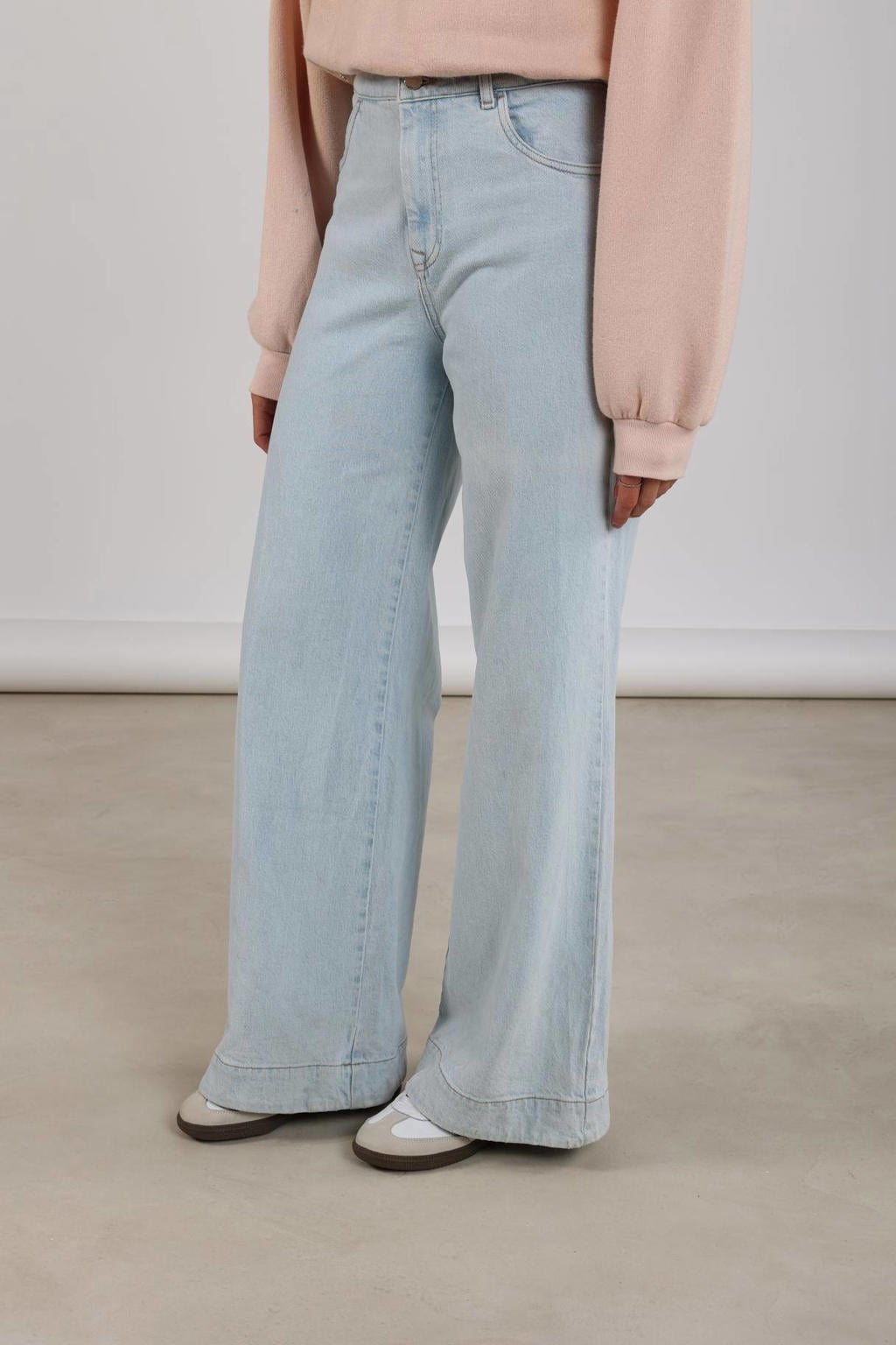 Light blue denim dames NUKUS high waist wide leg jeans van katoen met rits- en knoopsluiting en effen