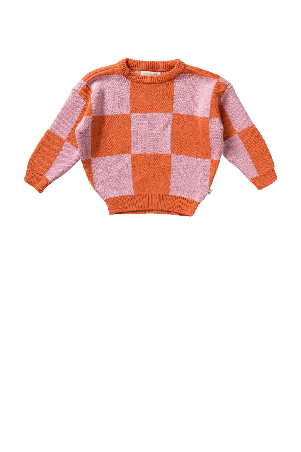 Roze en oranje meisjes Your Wishes gebreide geruite trui van acryl met lange mouwen en ronde hals