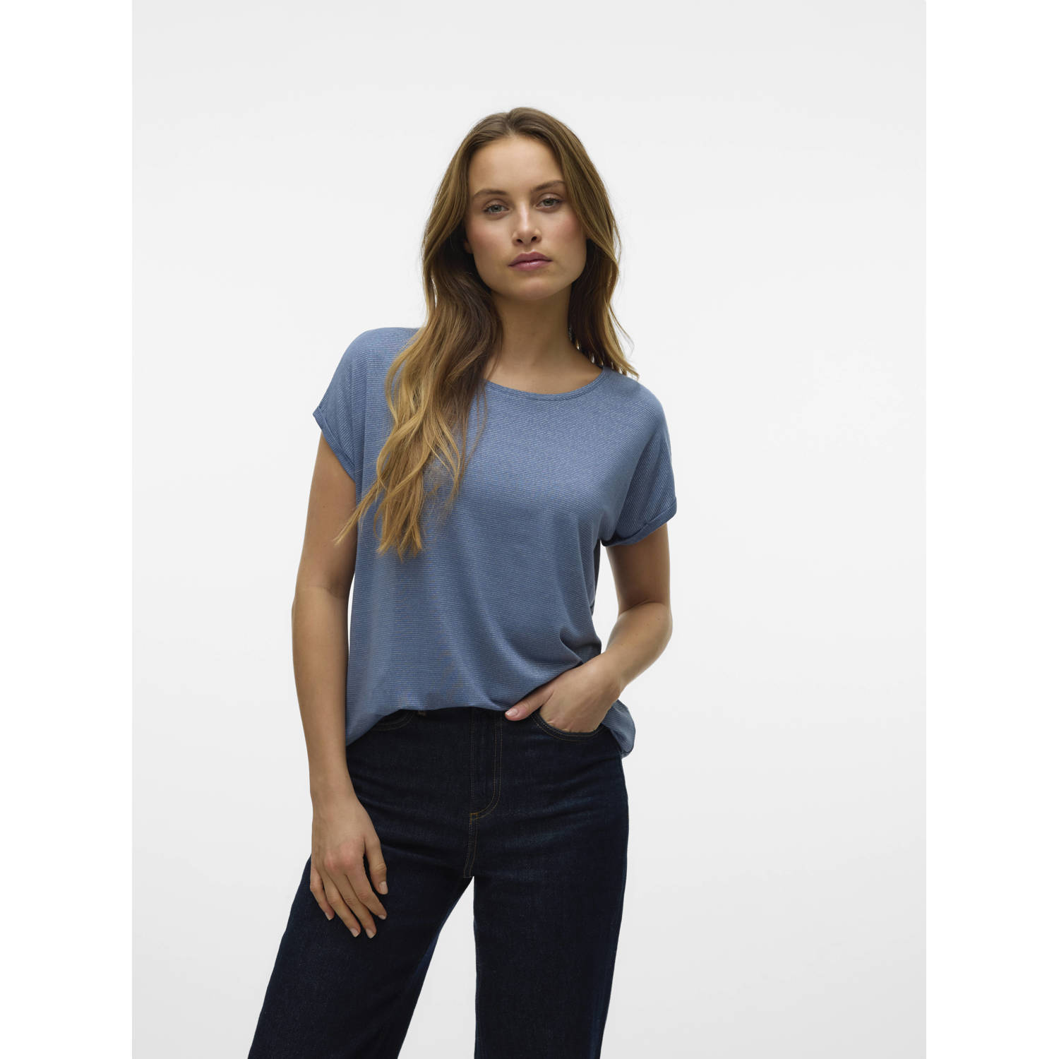 Vero Moda Shirt met ronde hals VMLAVA PLAIN SS TOP LUREX STRIPE
