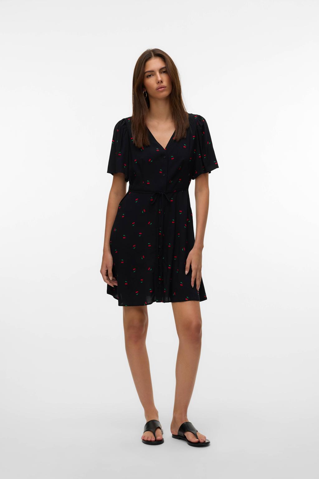 Zwarte dames VERO MODA jurk van viscose met korte mouwen, V-hals, knoopsluiting en geweven detail