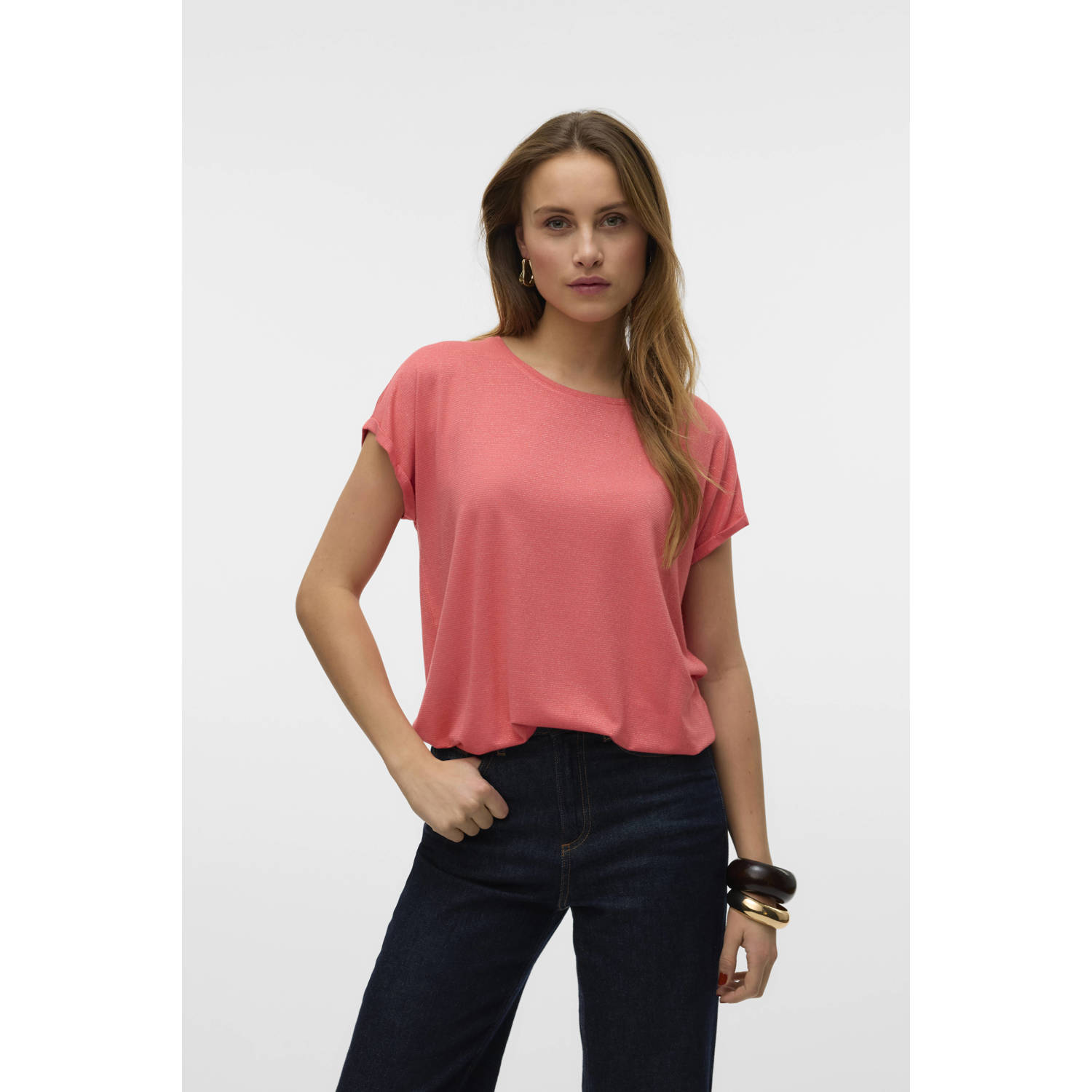 Vero Moda Shirt met ronde hals VMLAVA PLAIN SS TOP LUREX STRIPE