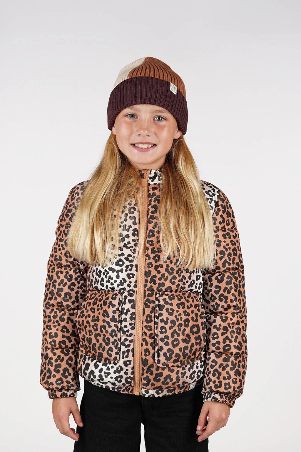 Bruin en zwarte jongens en meisjes The New Chapter gewatteerde jas van polyester met dierenprint, lange mouwen, capuchon en ritssluiting