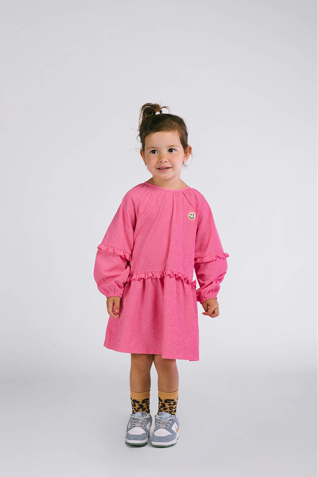 Roze meisjes The New Chapter korte jurk van polyester met effen, lange mouwen, ronde hals en knoopsluiting