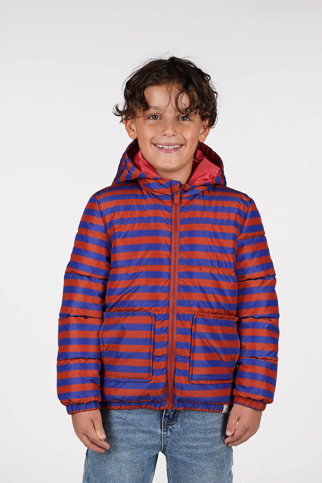 Blauw en bruine jongens en meisjes The New Chapter gewatteerde jas van polyester met strepenprint, lange mouwen, capuchon en ritssluiting