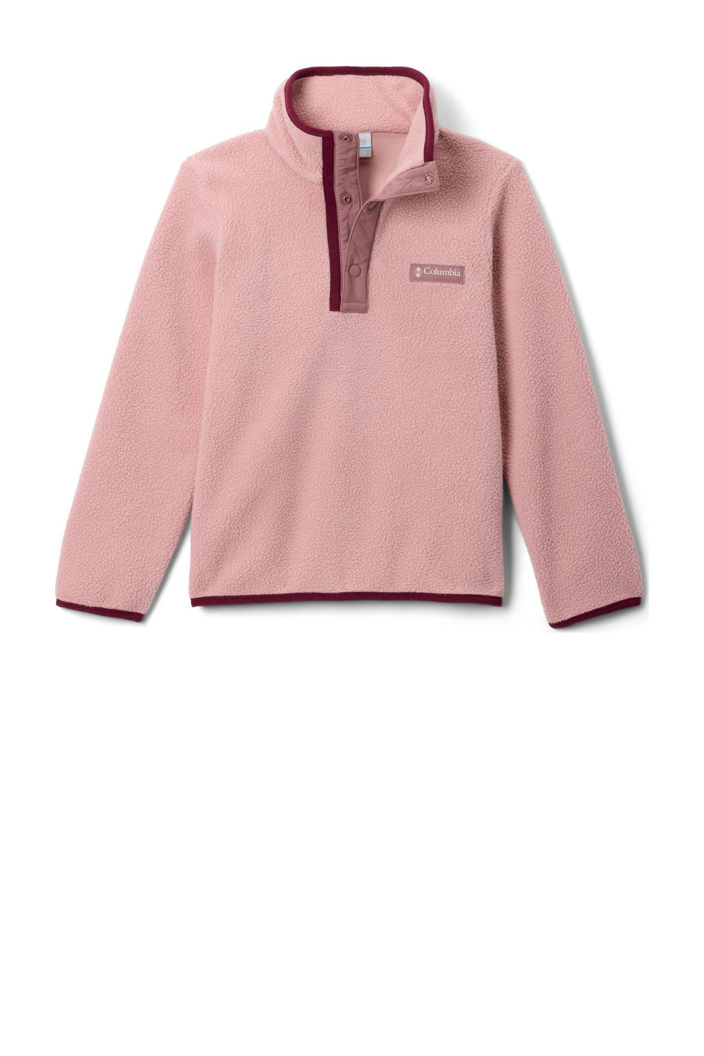 Roze meisjes Columbia fleece sweater Helvetia II met effen, lange mouwen, opstaande kraag en drukknoopsluiting