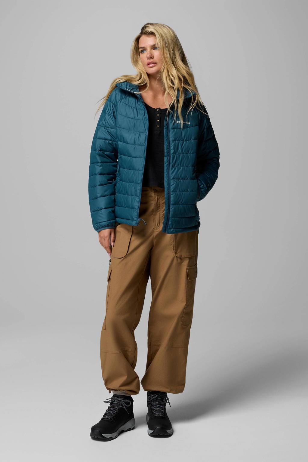 Blauwe dames Columbia jack Powder Lite II van polyester met lange mouwen, capuchon en ritssluiting