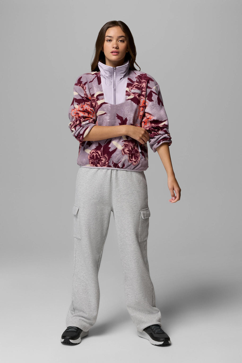 Roze en donkerrode dames Columbia fleece trui Sequoia Grove met lange mouwen, opstaande kraag en halve rits