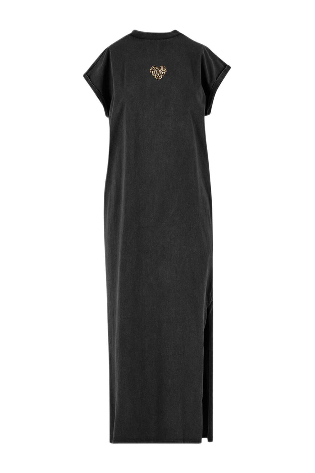 Zwart en bruine dames Pinned by K Curve maxi jurk van katoen met korte mouwen, opstaande kraag en split