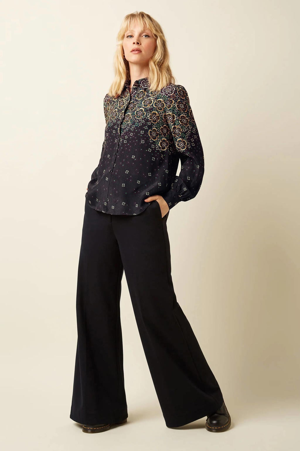 Zwarte dames King Louie wide leg regular waist broek van viscose met effen