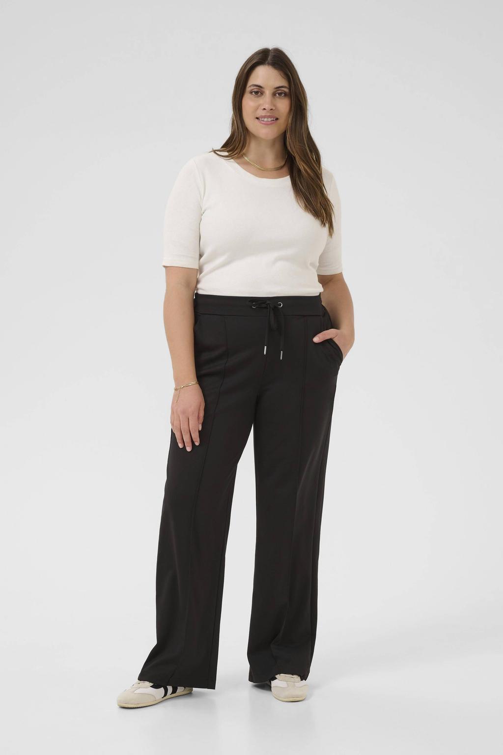 Zwarte dames Kaffe Curve wide leg high waist broek met elastische tailleband met koord en effen