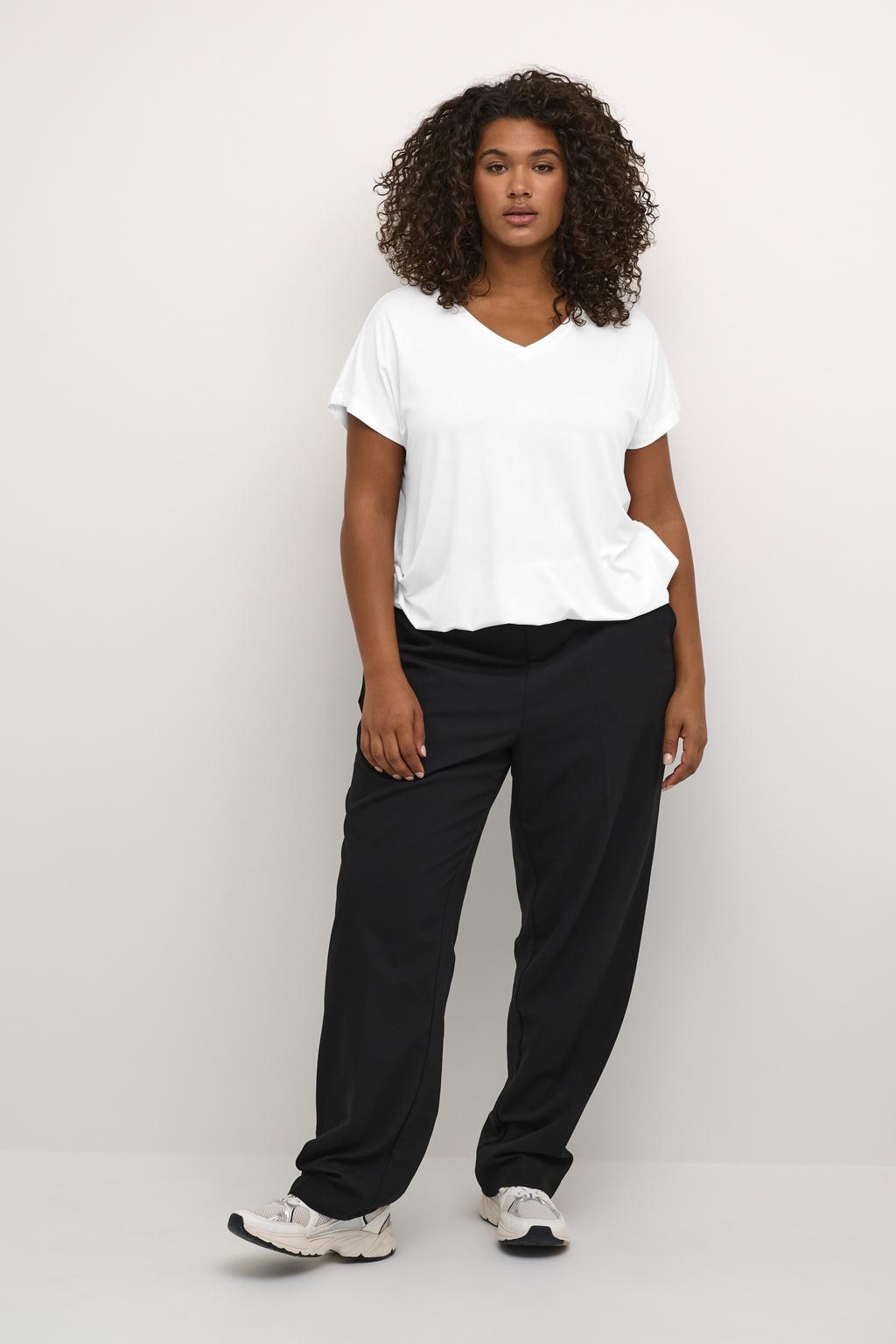 Witte dames Kaffe Curve T-shirt van viscose met effen, korte mouwen en ronde hals