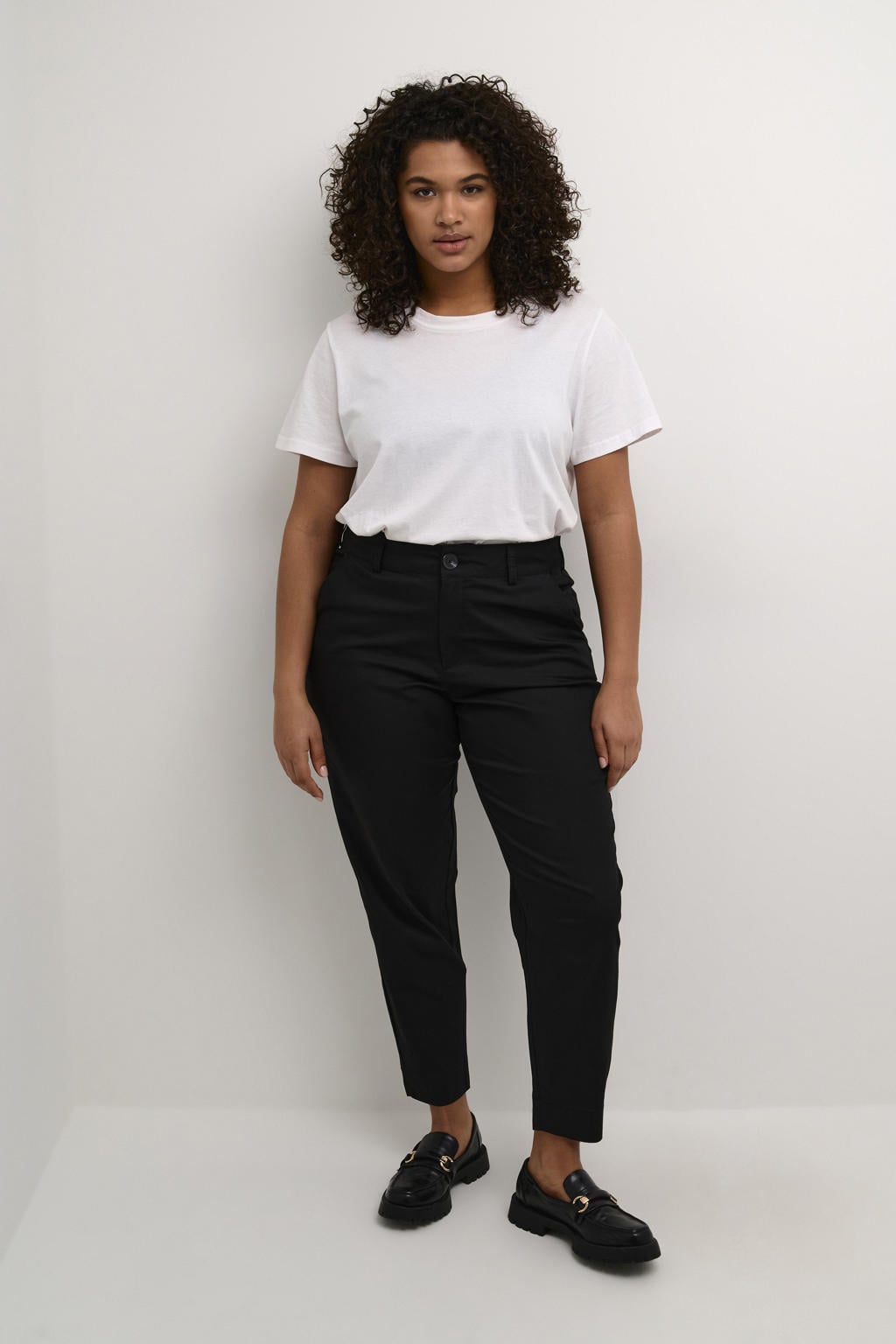 Zwarte dames Kaffe Curve slim high waist broek van polyester met effen