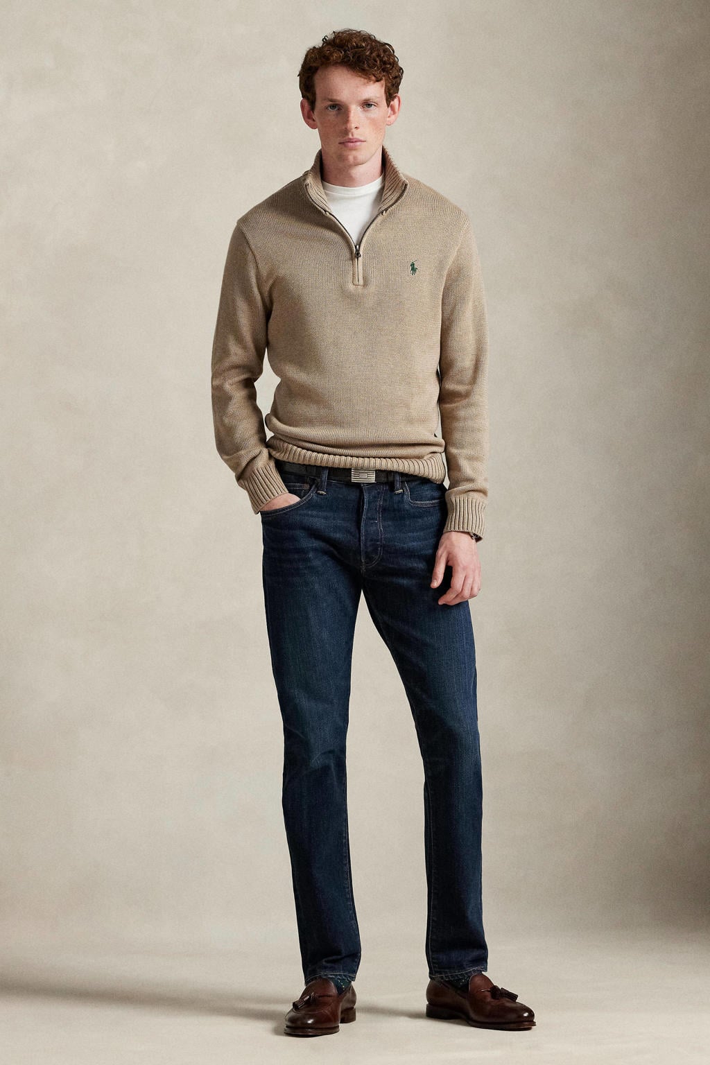 Beige heren Polo Ralph Lauren gebreide trui van katoen met effen, lange mouwen, opstaande kraag en halve rits