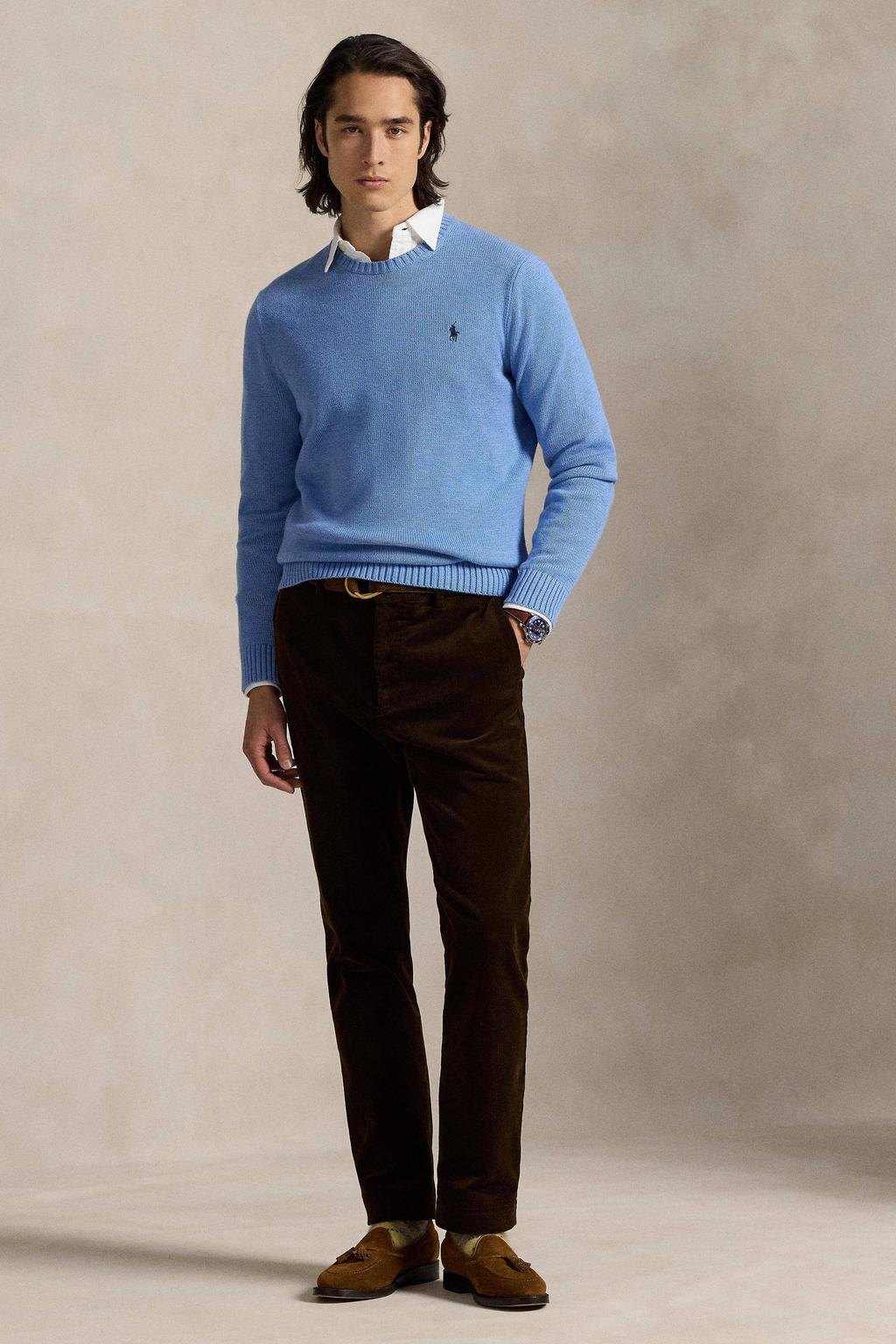 Blauwe heren Polo Ralph Lauren gebreide trui van katoen met effen, lange mouwen en ronde hals